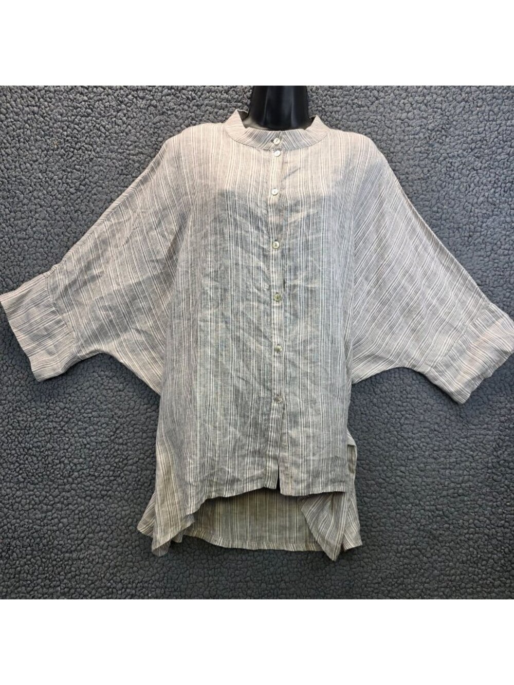 Chalet Kimono Sleeves Linen Stripped Blouse 1X Gray USA Coastal Japandi Neutral
